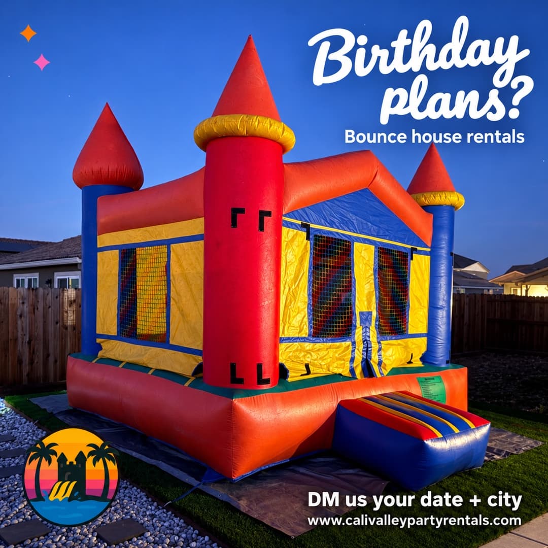 Orange, red, yellow and blue castle-style bounce house with mesh windows and an entry step in a fenced backyard at dusk. White script reads “Birthday plans?” with “Bounce house rentals.” The lower corners contain the CVPR logo, DM inquiry CTA and www.calivalleypartyrentals.com.