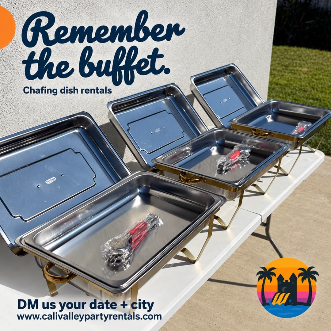 Open stainless steel chafing dishes with gold-tone stands on a white folding table outdoors; packaged utensils rest on the table. Navy script reads “Remember the buffet.” with “Chafing dish rentals.” The graphic includes the CVPR logo, DM inquiry CTA and www.calivalleypartyrentals.com.