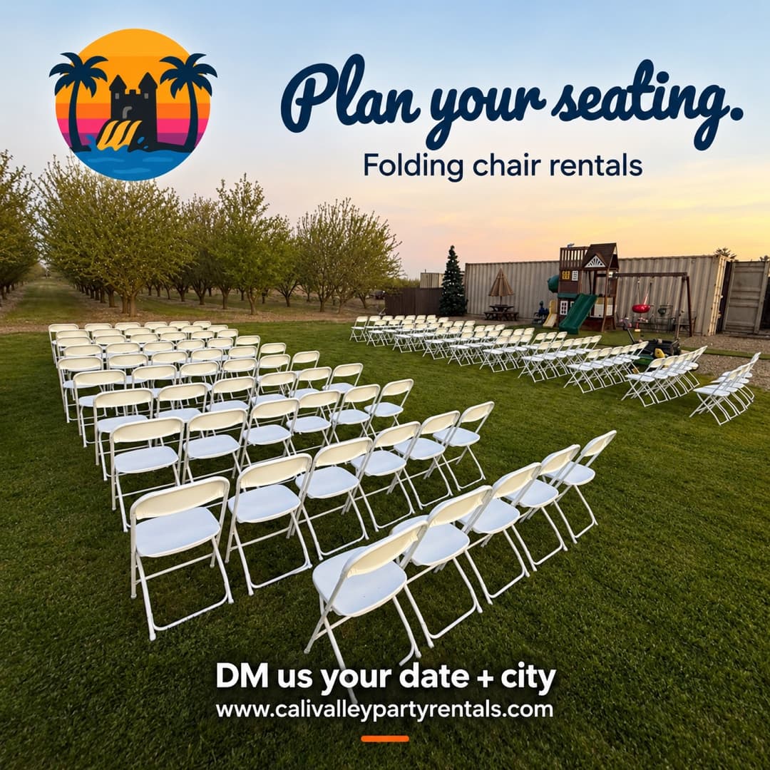 Two groups of rows of white folding chairs on grass, with trees and a backyard play structure behind them. The CVPR logo and navy script “Plan your seating.” sit above “Folding chair rentals.” The bottom has a DM inquiry CTA and www.calivalleypartyrentals.com.
