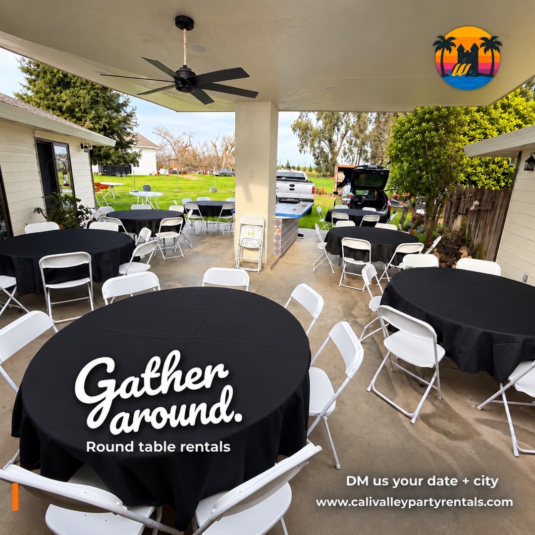 Black-covered round tables with white folding chairs beneath a residential patio roof. CVPR logo at upper right. White script reads “Gather Around.” with “Round table rentals.” Modern footer reads “DM us your date + city” and “www.calivalleypartyrentals.com.”
