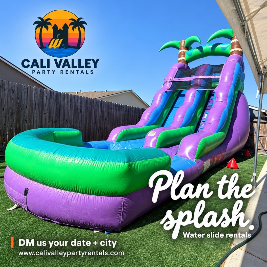 Purple, green and blue palm-themed water slide with a front pool on artificial turf in a fenced yard. The CVPR logo is at upper left. White script reads “Plan the splash.” with “Water slide rentals.” A DM inquiry CTA and www.calivalleypartyrentals.com appear at lower left.